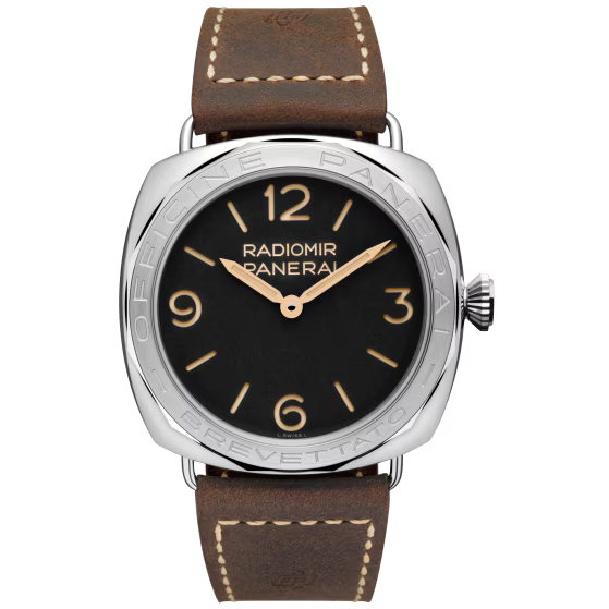 Panerai Radiomir 3 Days Acciaio Black Dial Steel Brown Calfskin Leather Strap 47 mm PAM00685
