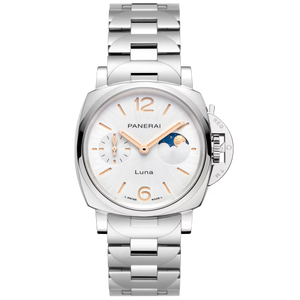 Panerai Luminor Due Luna 38 mm Esfera blanca Acero pulido Brazalete de acero pulido y cepillado PAM01301 