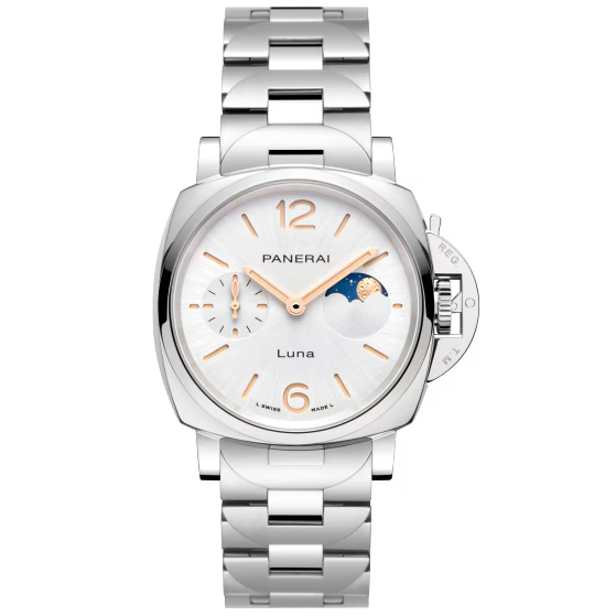 Panerai Luminor Due Luna 38 mm Esfera blanca Acero pulido Brazalete de acero pulido y cepillado PAM01301 