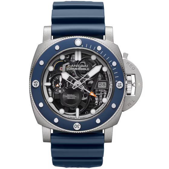Panerai Submersible GMT Skeleton Dial Titanium Blue Rubber Strap 47mm PAM01495