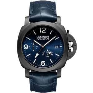 Panerai Luminor Power Reserve GMT Blue Dial Black Ceramic Dark Blue Alligator Leather Strap 44mm PAM01574