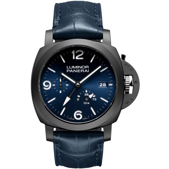 Panerai Luminor Power Reserve GMT Blue Dial Black Ceramic Dark Blue Alligator Leather Strap 44mm PAM01574