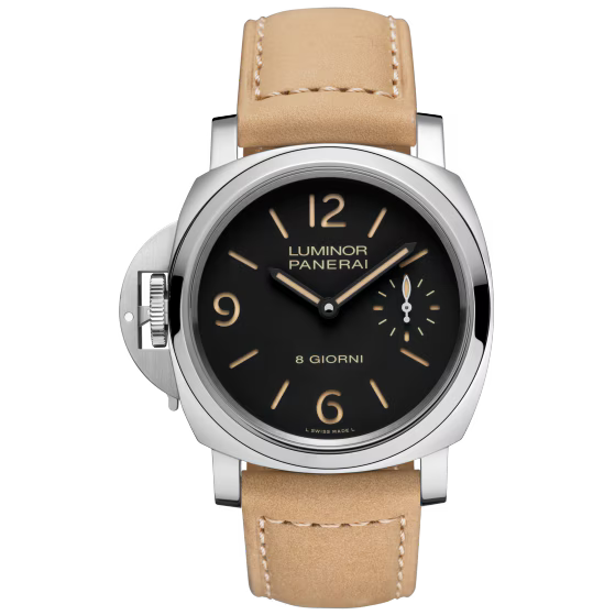 Panerai Luminor Destro 8 Giorni Black Dial Steel Light Brown Leather Strap 44mm PAM01655