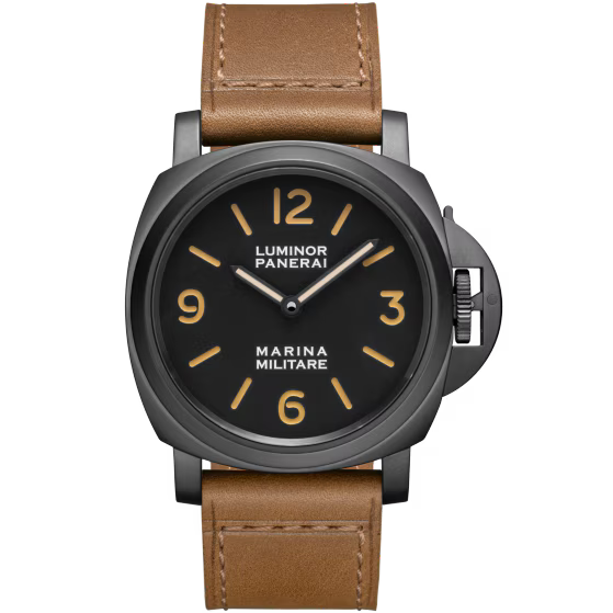 Panerai Luminor Marina Militare Black Dial Steel DLC Dark Brown Calfskin Leather Strap 44mm PAM05218