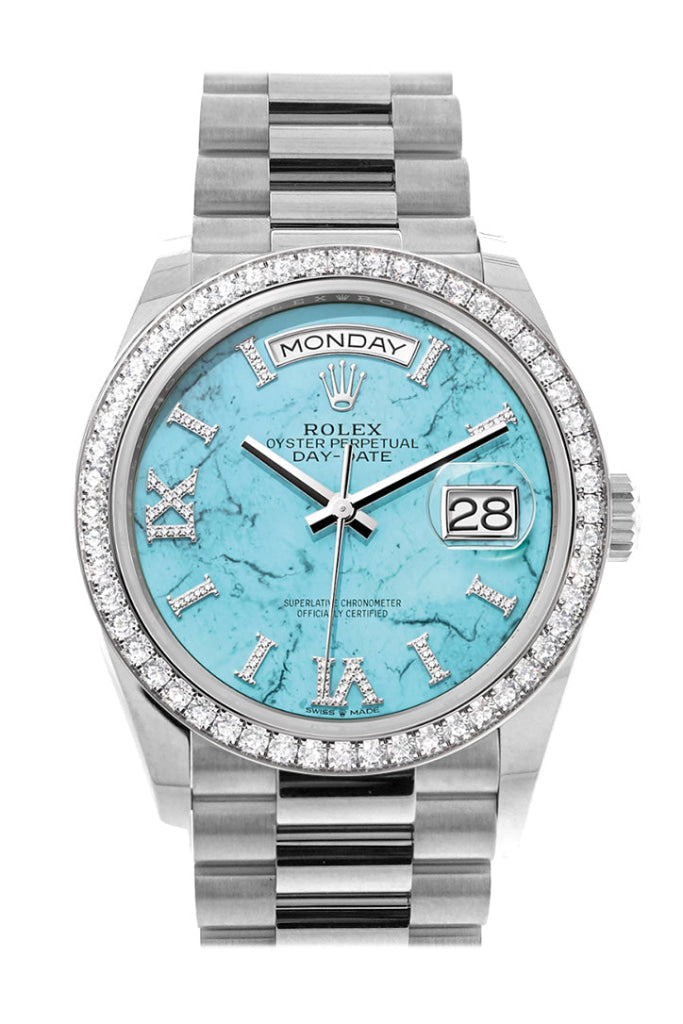 Rolex Day-Date 36mm Turquoise Diamond Dial White Gold President Bracelet 128349RBR - WATCHXNYC