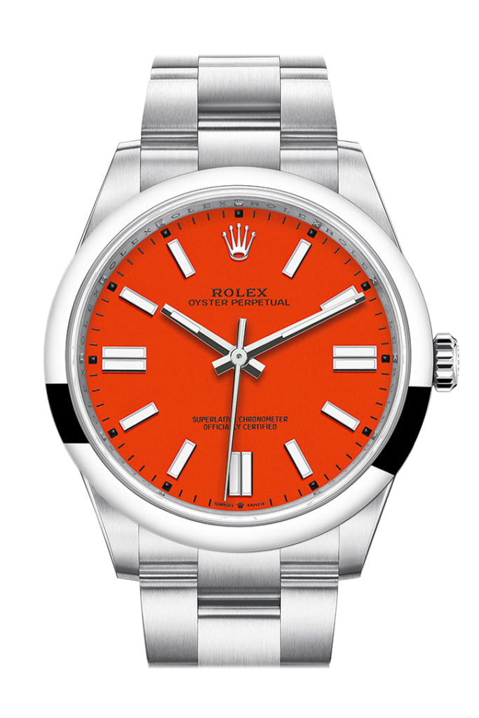 Rolex Oyster Perpetual 41mm Coral Red Dial Oystersteel 124300 - WATCHXNYC
