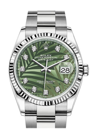 Rolex Datejust 36mm Olive Green Palm Motif Dial Stainless Steel 126234