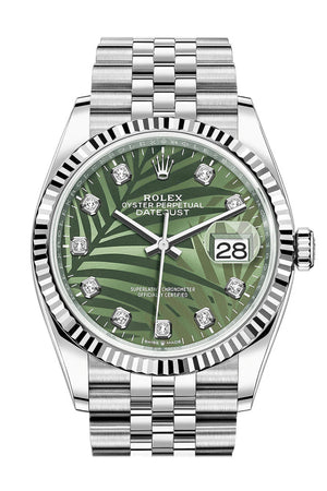 Rolex Datejust 36mm Olive Green Palm Motif Diamond Dial Stainless Steel 126234