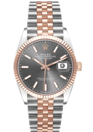 Rolex Datejust 36mm 2 Tone 18k Rose Gold & Stainless Steel Grey ‘Dark Rhodium’ Dial Fluted Bezel Jubilee Bracelet 126231 - WATCHXNYC