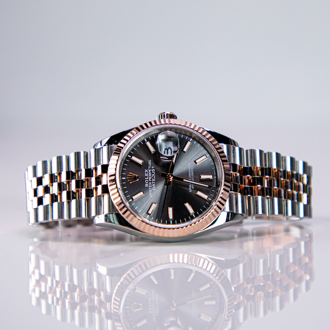 Rolex Datejust 36mm 2 Tone 18k Rose Gold & Stainless Steel Grey ‘Dark Rhodium’ Dial Fluted Bezel Jubilee Bracelet 126231 - WATCHXNYC