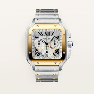 Cartier Santos Silver Dial Steel & 18K Yellow Gold Steel Bracelet 47.5 mm W2SA0035
