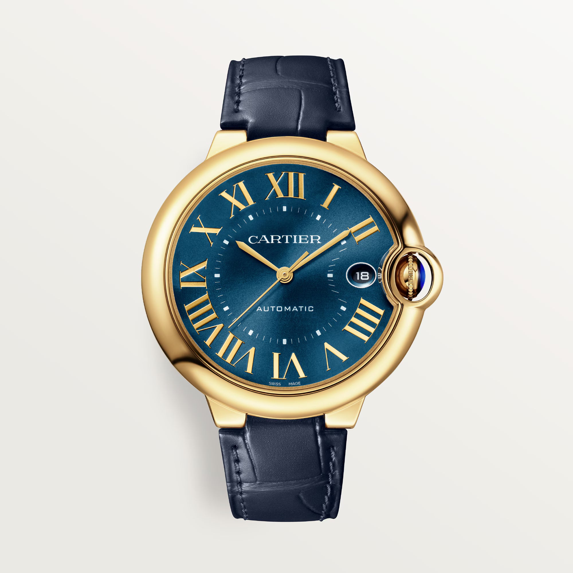 Cartier Ballon Bleu Blue Dial 18K Yellow Gold Blue Alligator Leather Strap 40 mm WGBB0063
