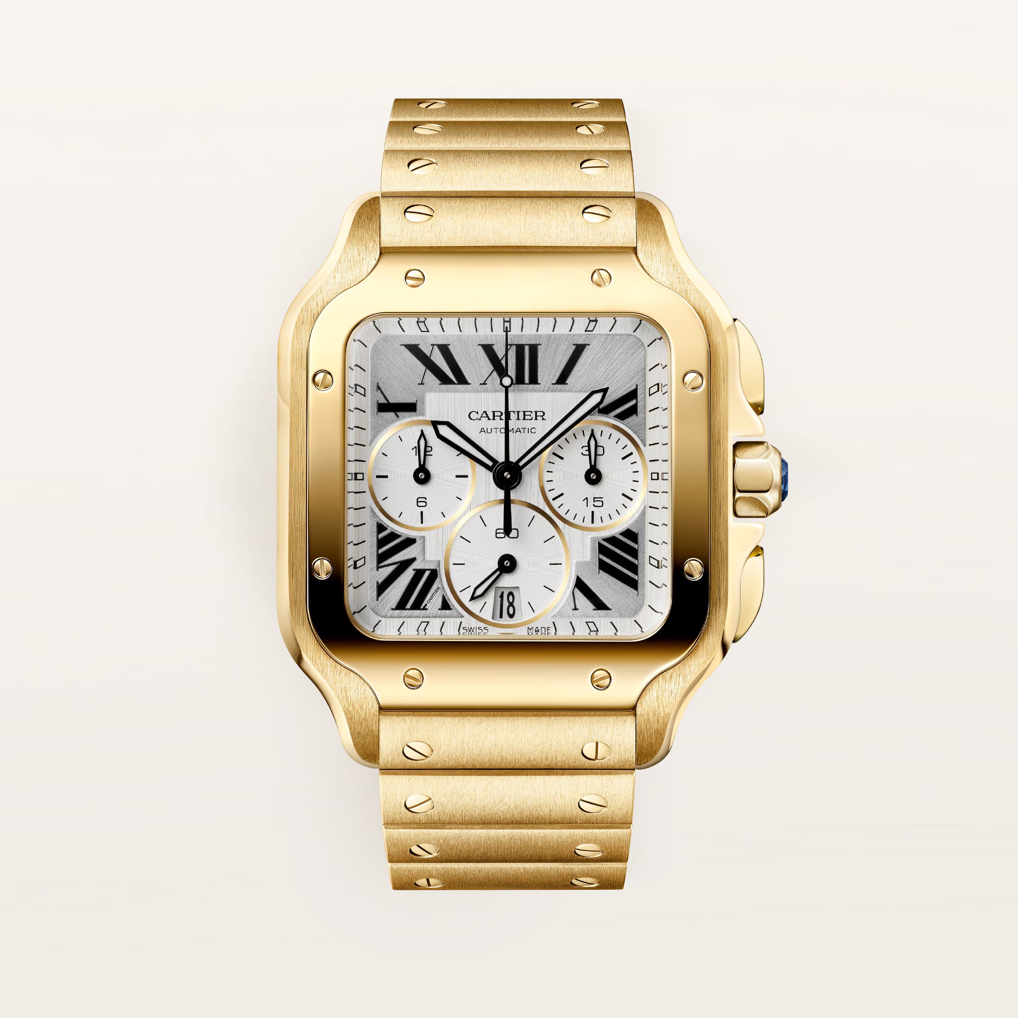 Cartier Santos Silver Dial 18K Yellow Gold Bracelet 47.5 mm WGSA0110