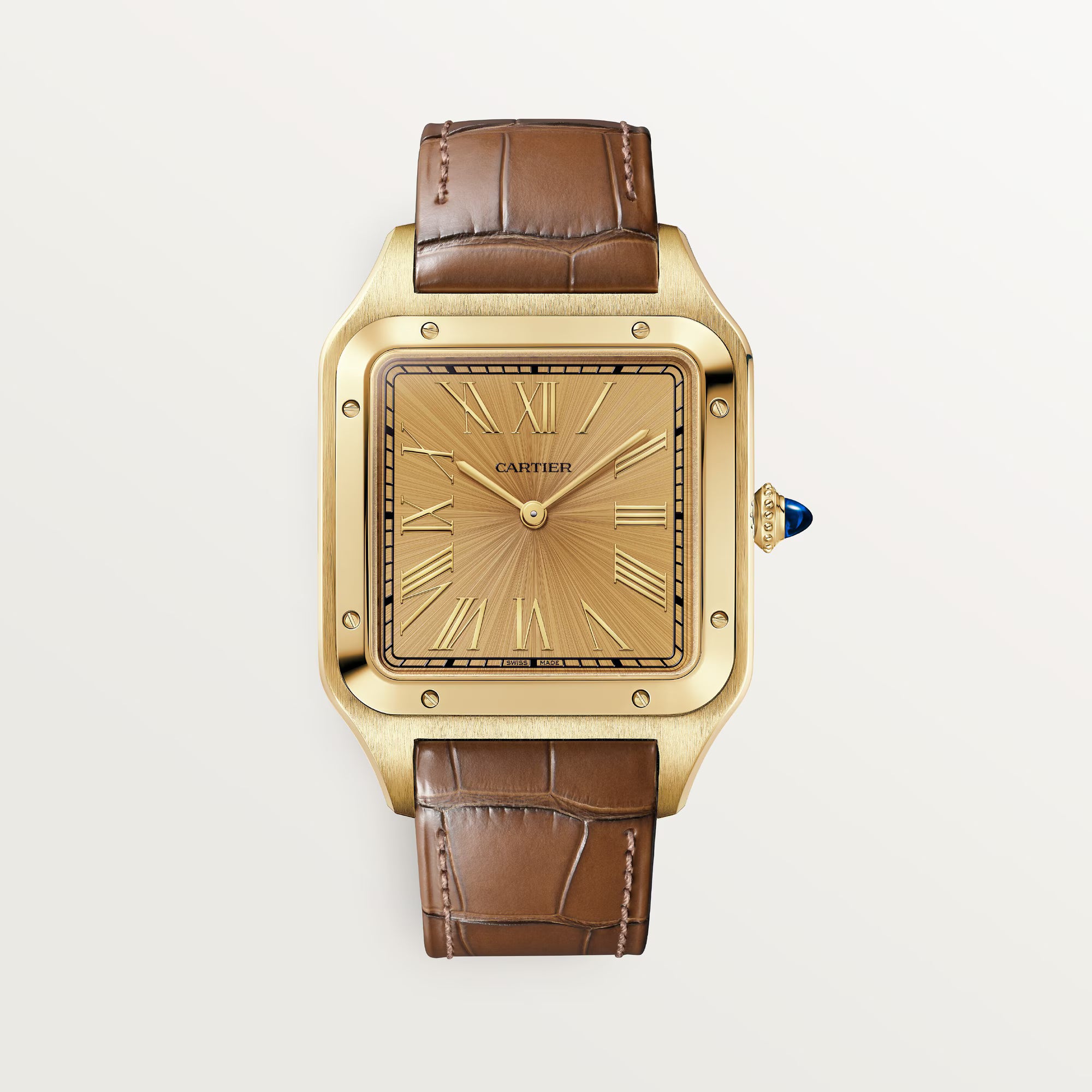 Cartier Santos-Dumont Gold Dial 18K Yellow Gold Golden Brown Alligator Leather Strap WGSA0111