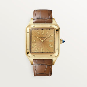 Cartier Santos-Dumont Gold Dial 18K Yellow Gold Golden Brown Alligator Leather Strap WGSA0111
