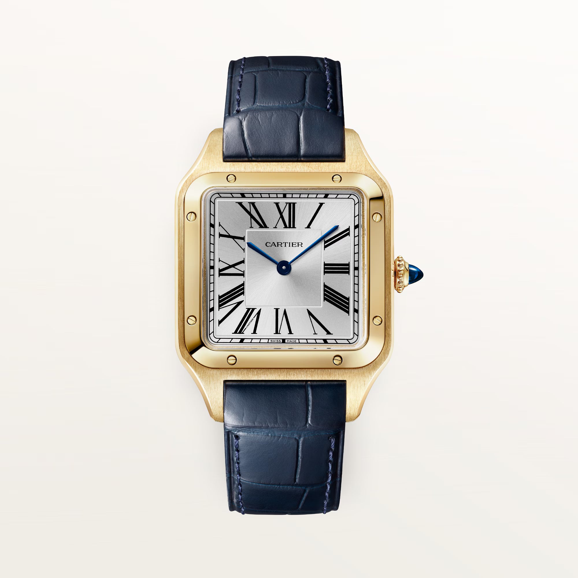 Cartier Santos-Dumont Silver Dial 18K Yellow Gold Blue Alligator Leather Strap 43.5 mm WGSA0139