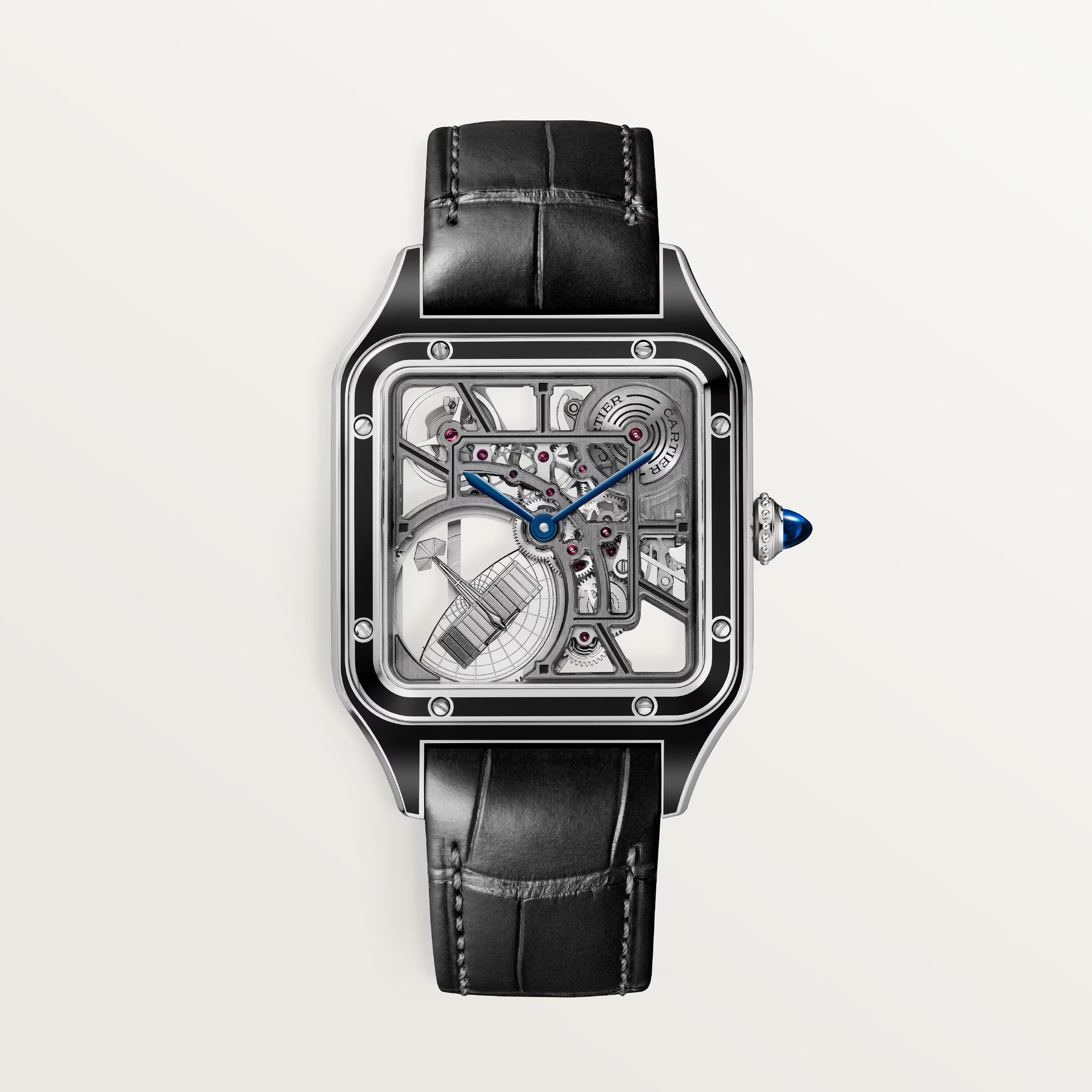 Cartier Santos-Dumont Micro-Rotor Skeleton Dial Steel Black Alligator Leather 43.5 mm WHSA0044