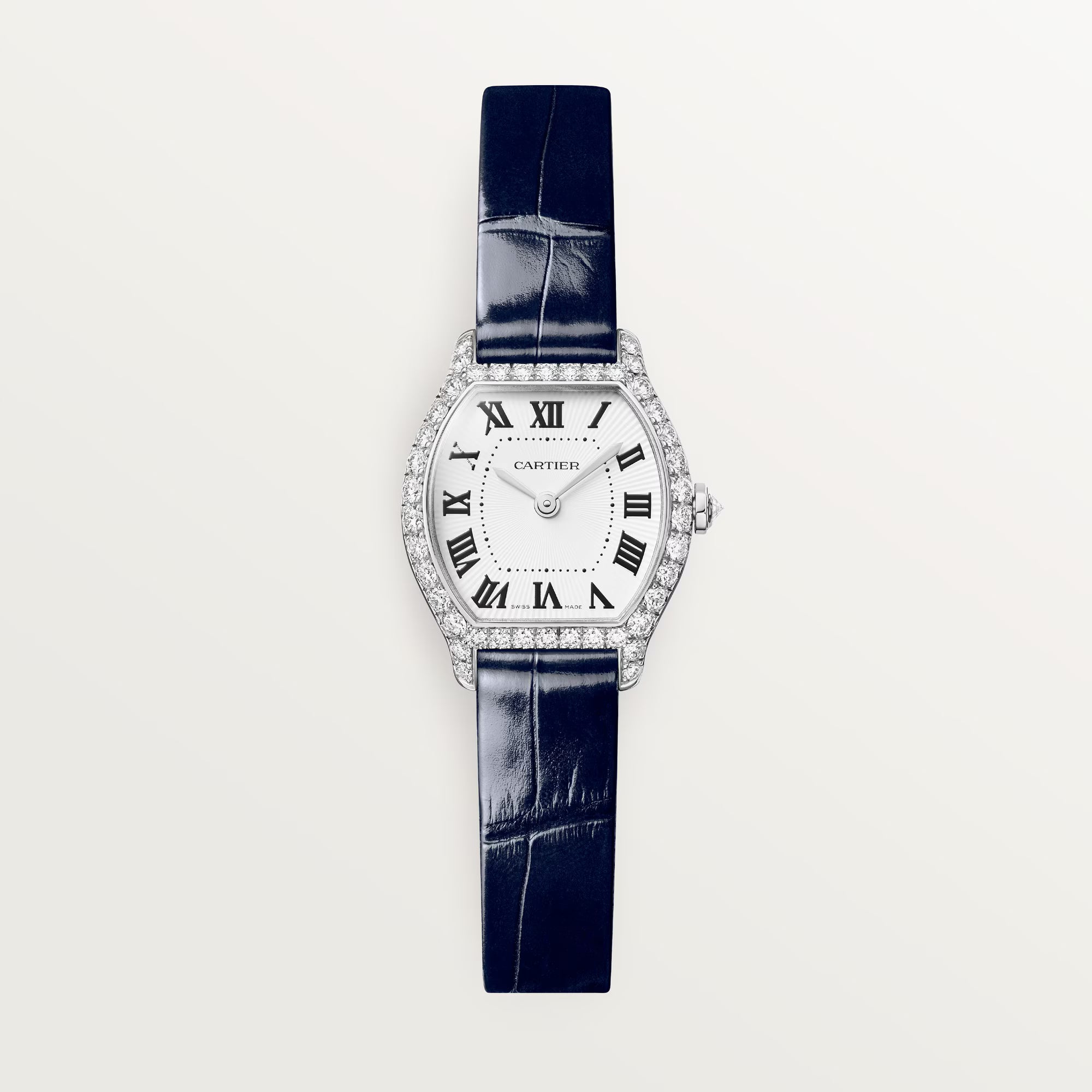 Cartier Tortue Mini White Dial 18K White Gold Navy Blue Alligator Leather Strap WJTO0013 - WATCHXNYC
