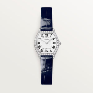 Cartier Tortue Mini White Dial 18K White Gold Navy Blue Alligator Leather Strap WJTO0013