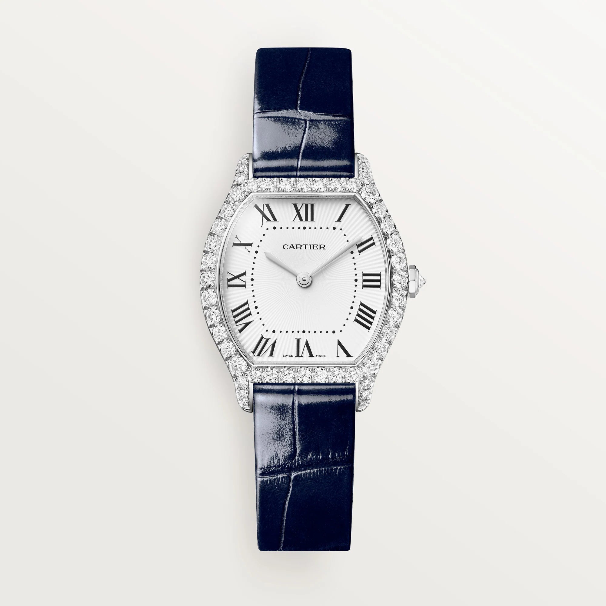 Cartier Tortue Small White Dial 18K White Gold Navy Blue Alligator Leather Strap WJTO0014 - WATCHXNYC