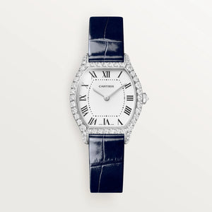Cartier Tortue Small White Dial 18K White Gold Navy Blue Alligator Leather Strap WJTO0014