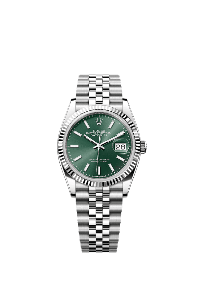 This Oyster Perpetual Datejust 36 in Oystersteel and white gold features a mint green dial and a Jubilee bracelet. - WATCHXNYC