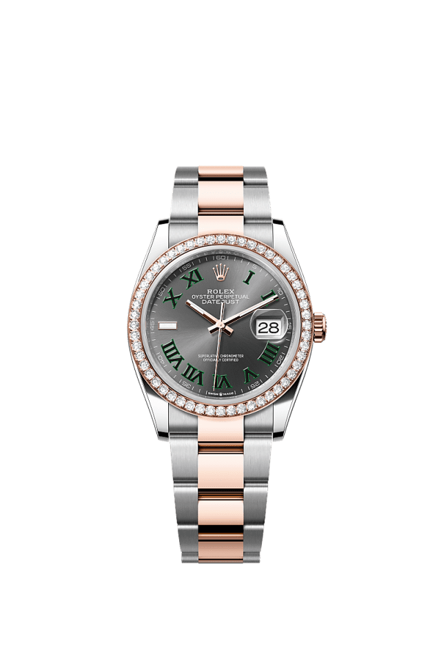This Oyster Perpetual Datejust 36 in Oystersteel and Everose gold features a slate dial and an Oyster bracelet. - WATCHXNYC