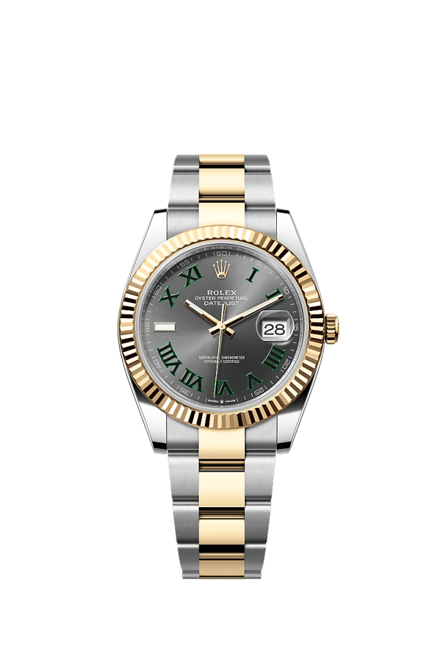 This Oyster Perpetual Datejust 41 in Oystersteel and yellow gold features a slate dial and an Oyster bracelet. - WATCHXNYC