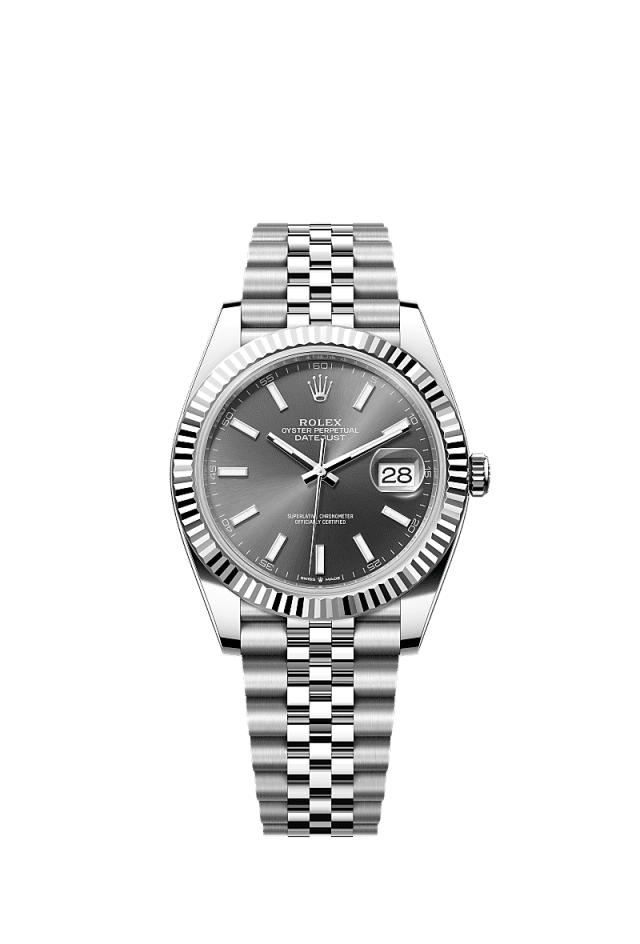 This Oyster Perpetual Datejust 41 in Oystersteel and white gold features a slate dial and a Jubilee bracelet. - WATCHXNYC