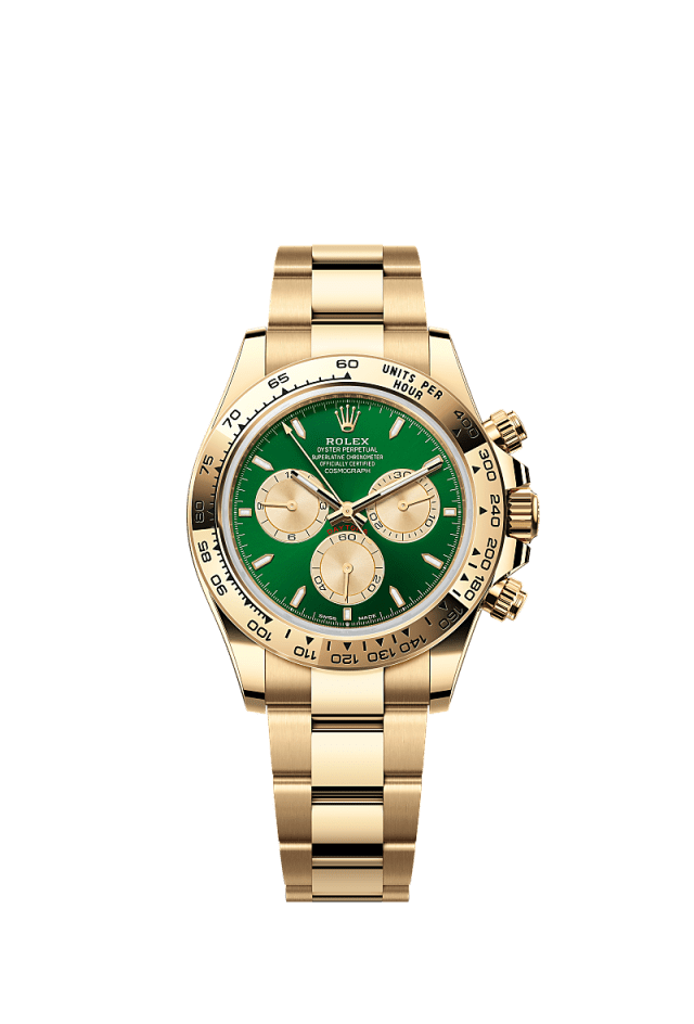 This Oyster Perpetual Cosmograph Daytona in 18 kt yellow gold, with a bright green and golden dial and an Oyster bracelet, features an 18 kt yellow gold bezel with an engraved tachymetric scale. - WATCHXNYC