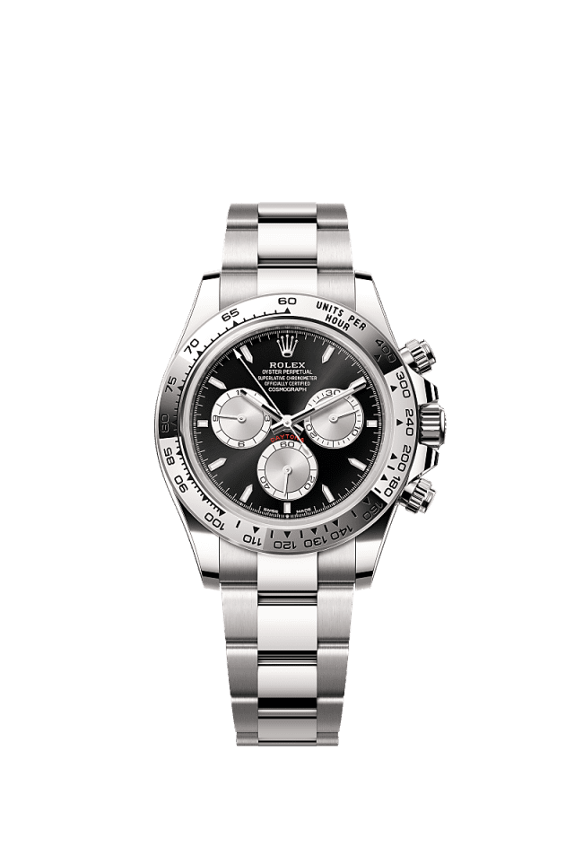 This Oyster Perpetual Cosmograph Daytona in 18 kt white gold, with a bright black and steel dial and an Oyster bracelet, features an 18 kt white gold bezel with an engraved tachymetric scale. - WATCHXNYC