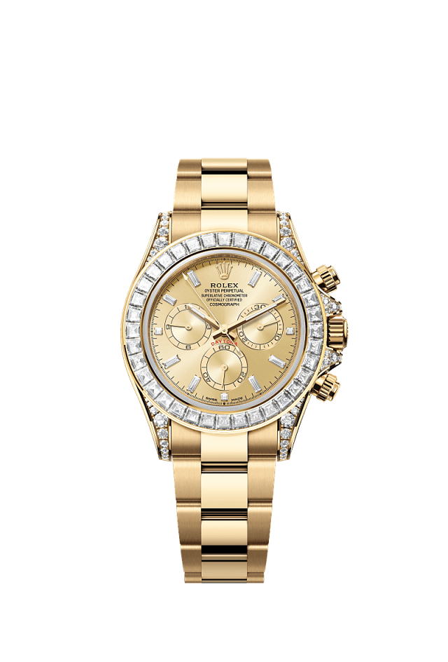 This Oyster Perpetual Cosmograph Daytona in 18 kt yellow gold, with a golden, diamond-set dial and an Oyster bracelet, features a diamond-set bezel and diamond-set lugs. - WATCHXNYC