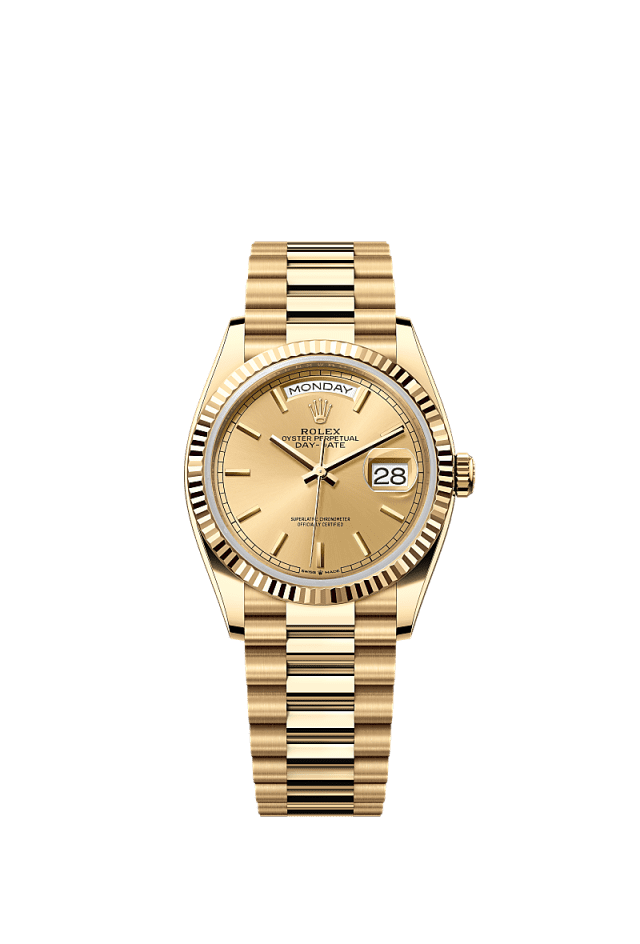 The Oyster Perpetual Day-Date 36 in 18 kt yellow gold with a champagne-colour dial, fluted bezel and a President bracelet. - WATCHXNYC