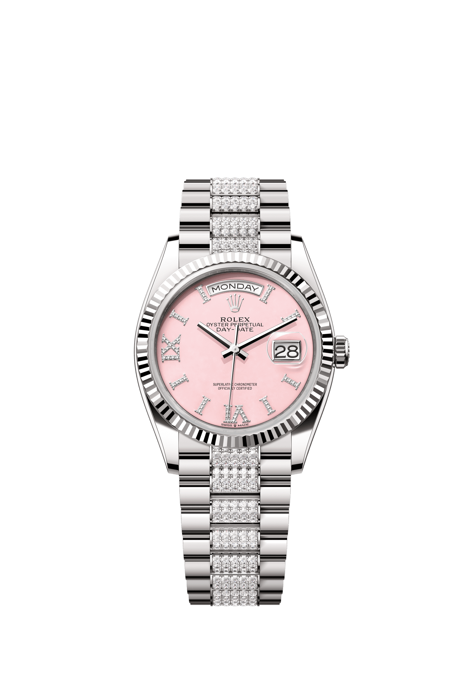 Rolex Day-Date 36mm Pink Diamond Dial White Gold m128239-0030 - WATCHXNYC