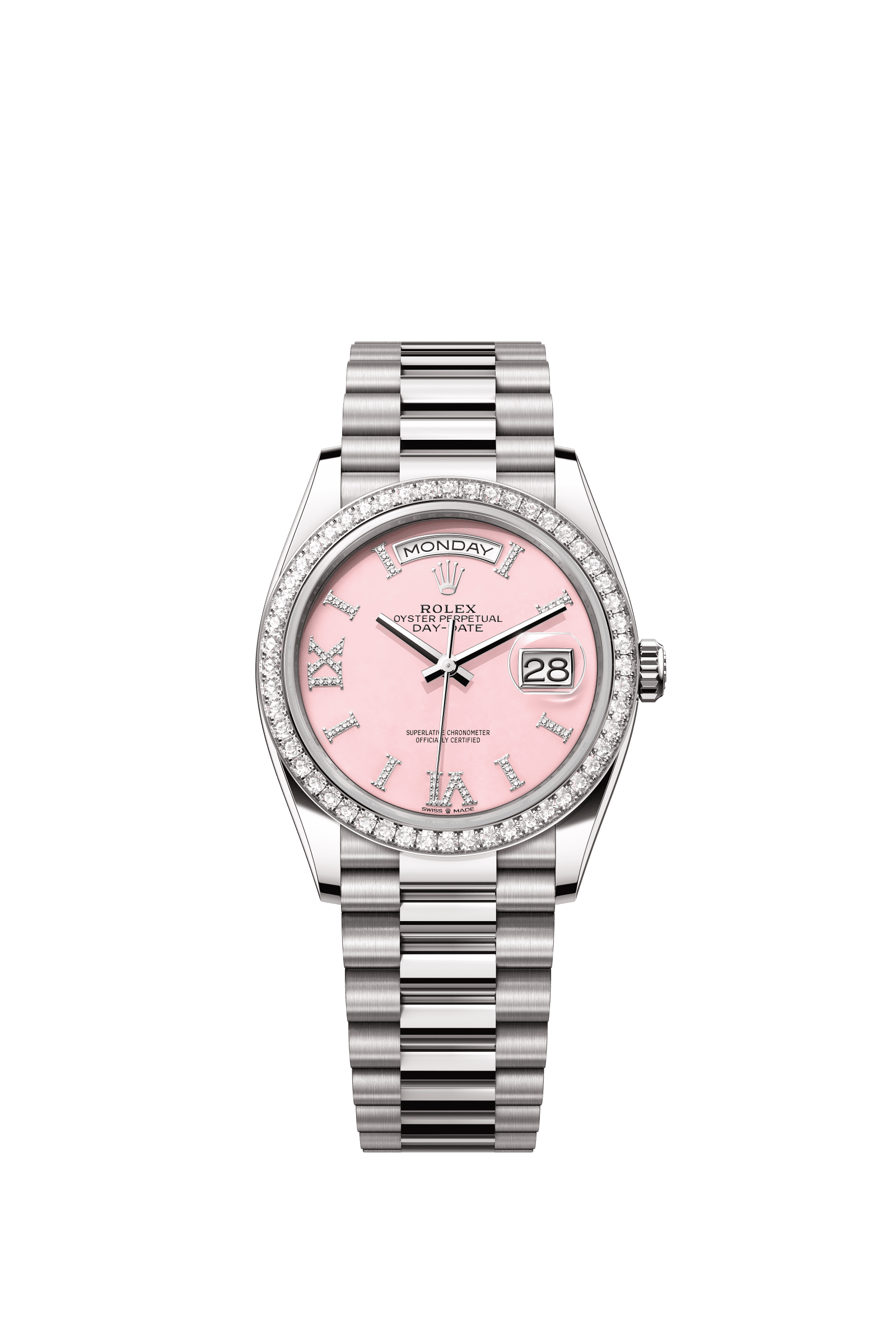 Rolex Day-Date 36mm Pink Diamond Dial White Gold m128349rbr-0008 - WATCHXNYC