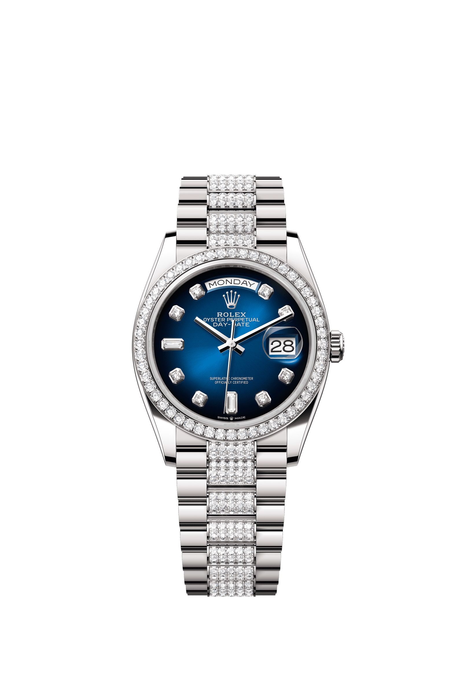 Rolex Day-Date 36mm Blue Ombré Diamond Dial White Gold m128349rbr-0016 - WATCHXNYC