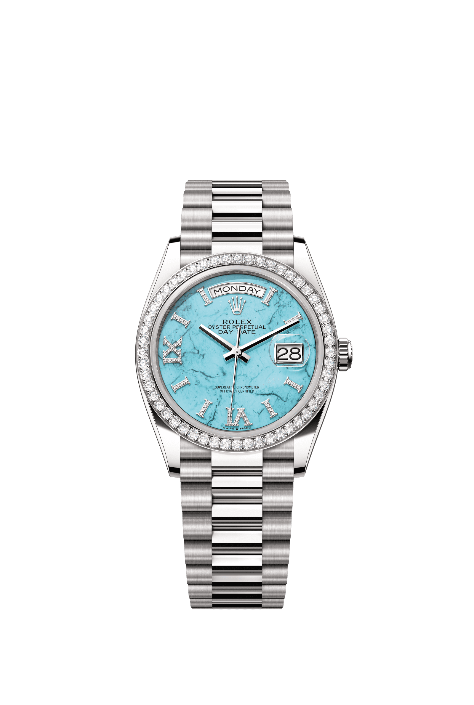 Rolex Day-Date 36mm Turquoise Diamond Dial White Gold m128349rbr-0031 - WATCHXNYC