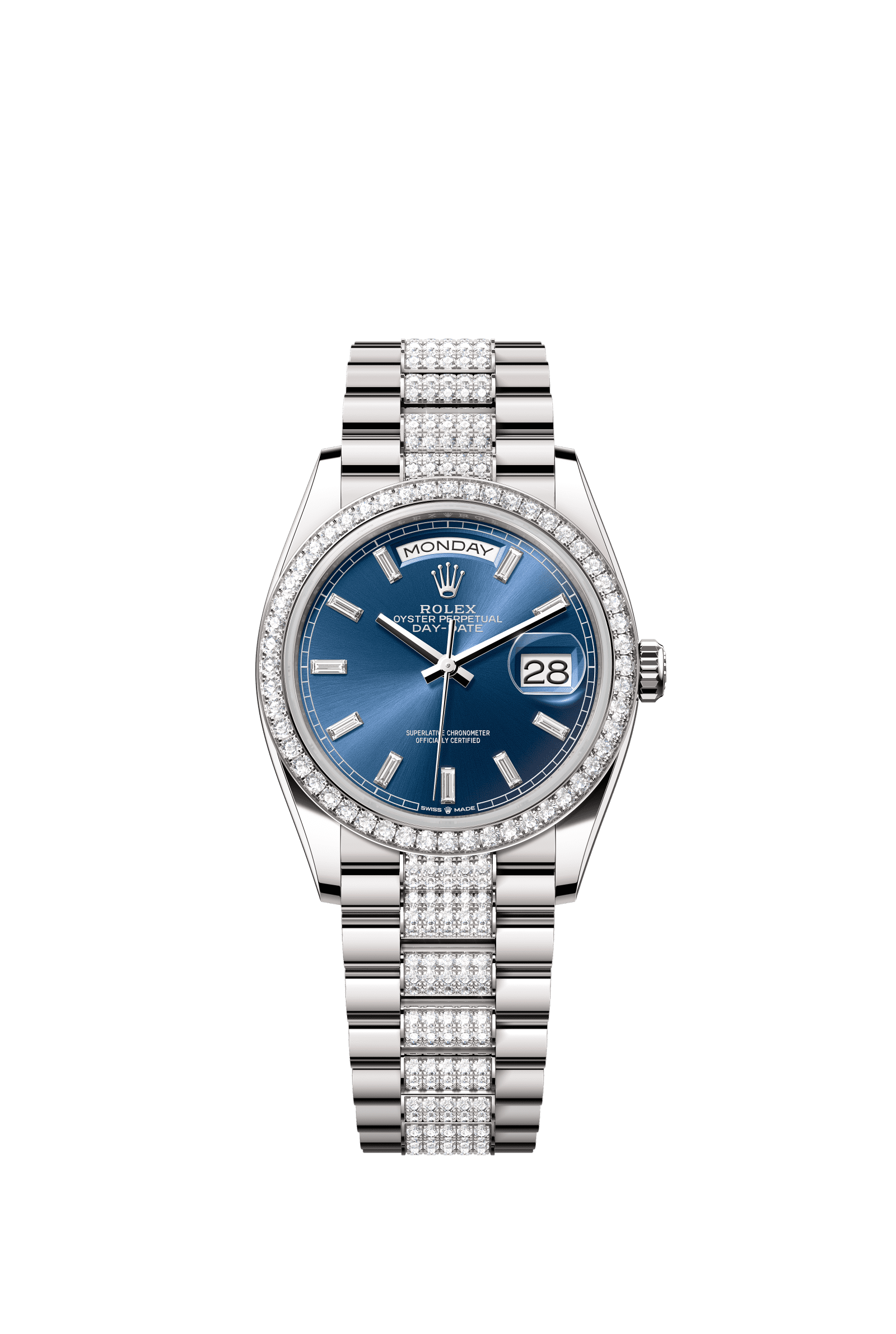 Rolex Day-Date 36mm Bright Blue Diamond Dial White Gold m128349rbr-0052 - WATCHXNYC