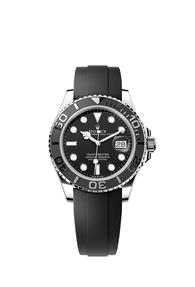 The Oyster Perpetual Yacht-Master 42 in 18 kt white gold with a black dial and an Oysterflex bracelet. - WATCHXNYC