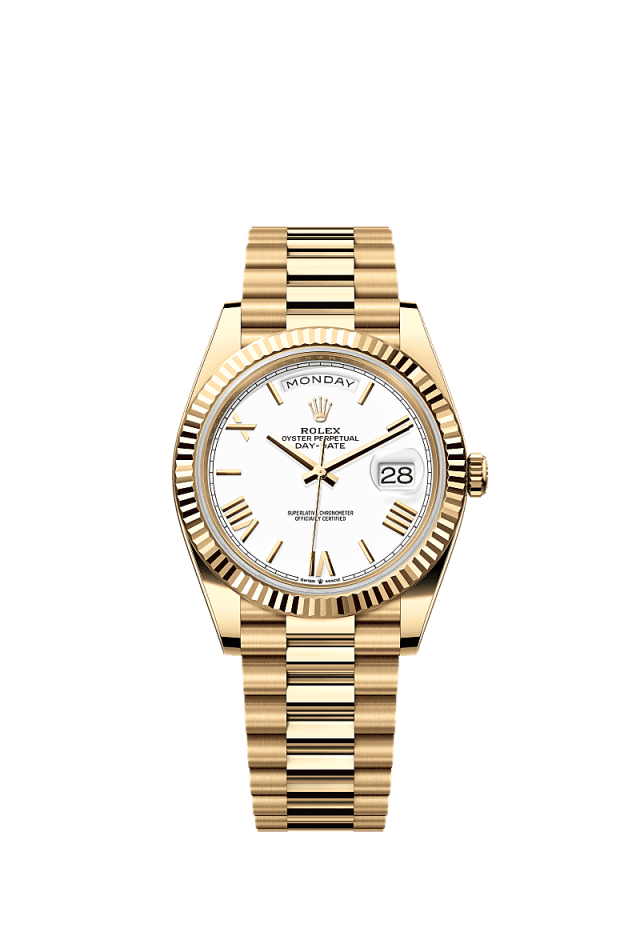 The Oyster Perpetual Day-Date 40 in 18 kt yellow gold with a white dial, fluted bezel and a President bracelet. - WATCHXNYC