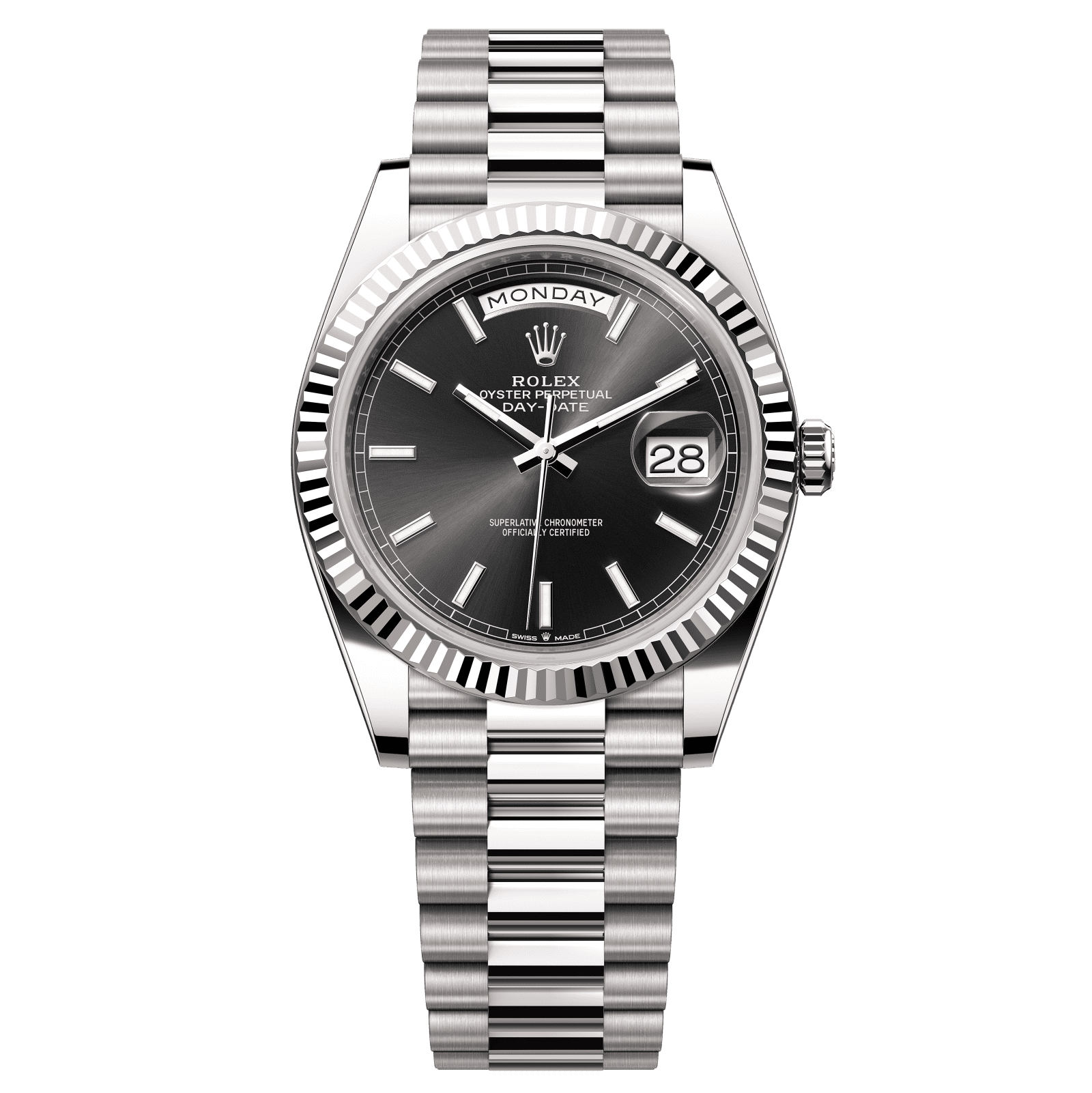 Rolex Day-Date 40mm Bright Black Dial White Gold 228239-0004 - WATCHXNYC