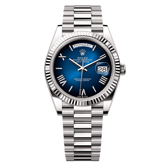 Rolex Day-Date 40mm Blue Ombré Dial White Gold 228239-0076 - WATCHXNYC
