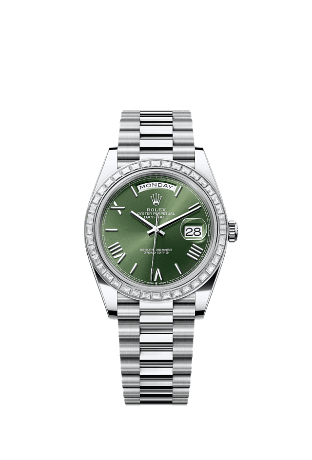 Rolex Day-Date 40mm Olive Green Dial Platinum & Diamonds 228396TBR - WATCHXNYC