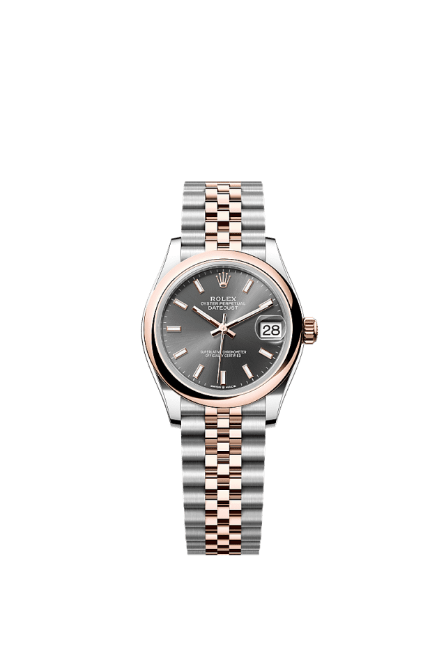 This Oyster Perpetual Datejust 31 in Oystersteel and Everose gold features a slate dial and a Jubilee bracelet. - WATCHXNYC