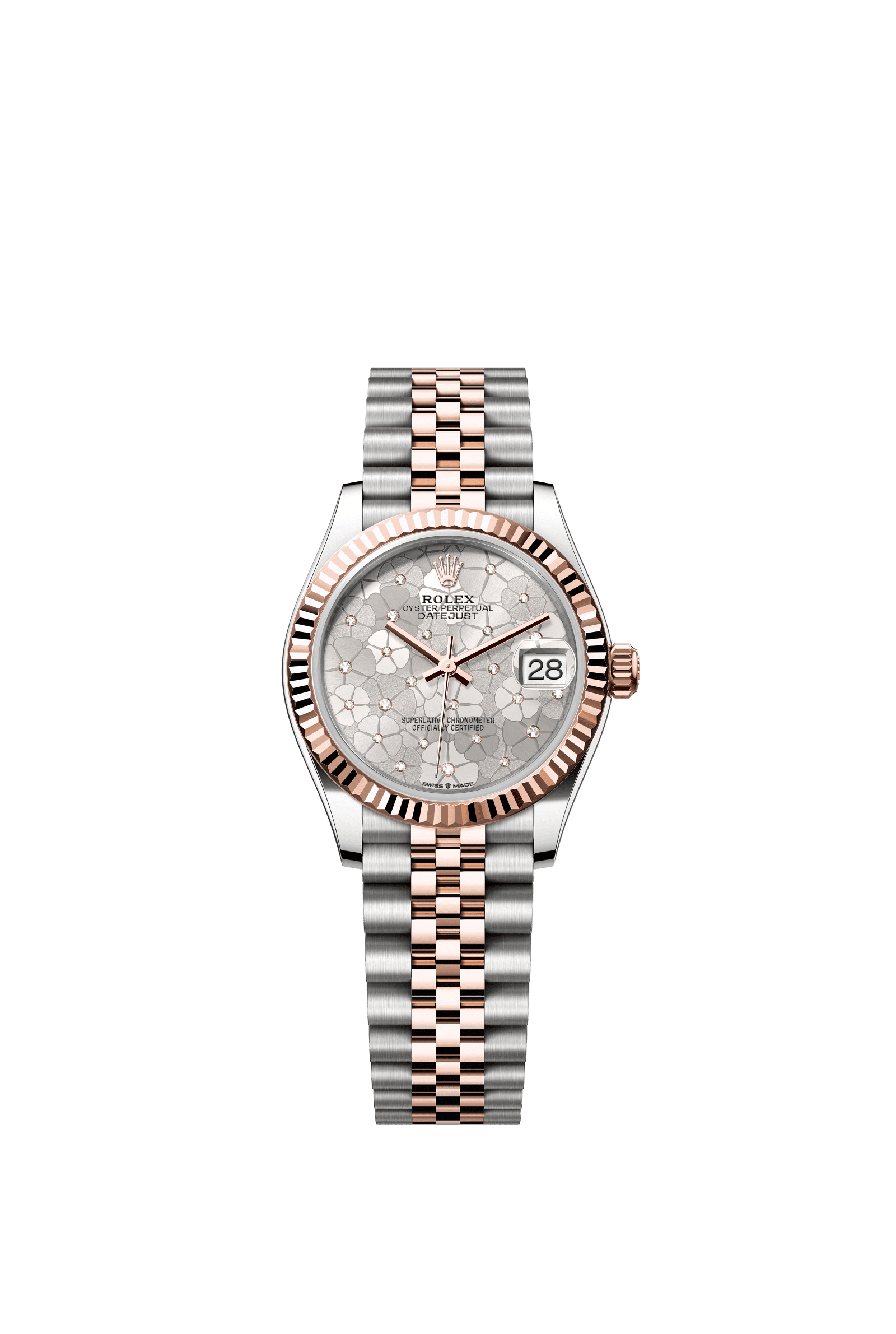 Rolex Datejust 31mm Silver Floral-Motif Diamond Dial Oystersteel & Everose Gold m278271-0032 - WATCHXNYC