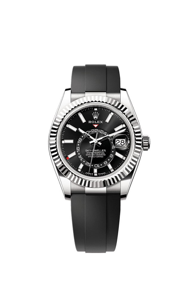 The Oyster Perpetual Sky-Dweller in 18 kt white gold with a bright black dial and an Oysterflex bracelet. - WATCHXNYC