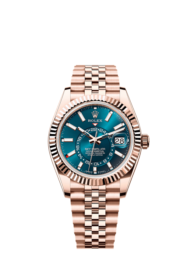 The Oyster Perpetual Sky-Dweller in 18 kt Everose gold with a blue-green dial and a Jubilee bracelet. - WATCHXNYC