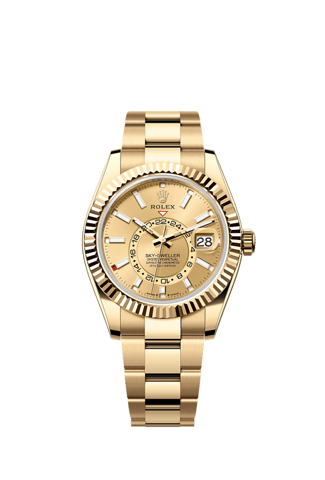 The Oyster Perpetual Sky-Dweller in 18 kt yellow gold with a champagne-colour dial and an Oyster bracelet. - WATCHXNYC