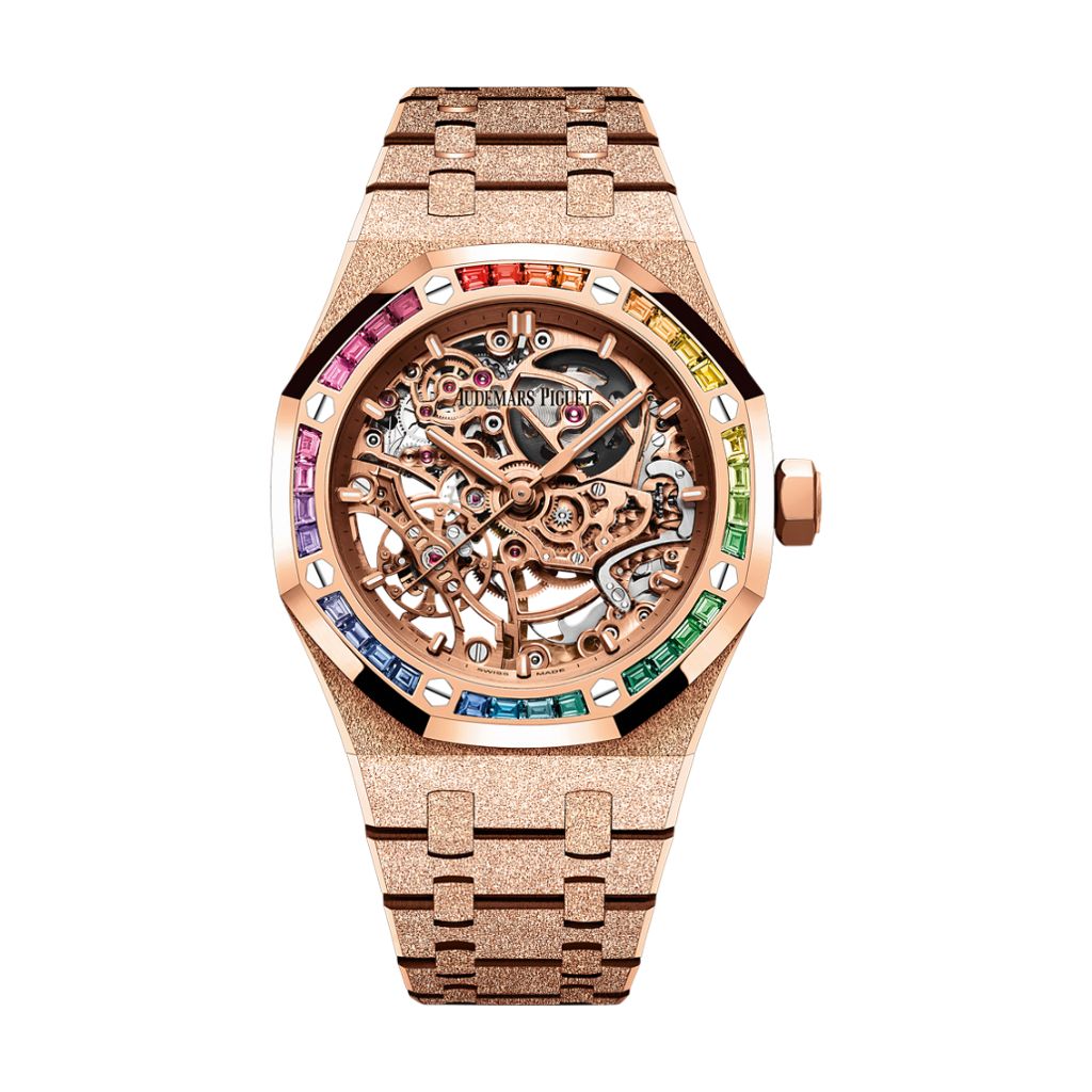 Audemars Piguet Royal Oak Frosted Gold Double Balance Wheel Openworked 37 mm Transparent Dial with Diamonds 18-Carat Pink Gold Bracelet 15468OR.YG.1259OR.01-B - WATCHXNYC
