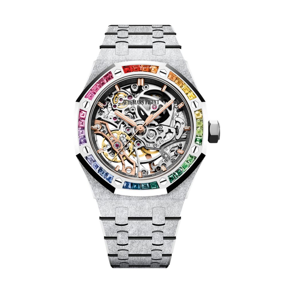 Audemars Piguet Royal Oak Frosted Gold Double Balance Wheel Openworked 37 mm Transparent Dial with Diamonds 18-Carat White Gold Bracelet 15468BC.YG.1259BC.01-B - WATCHXNYC
